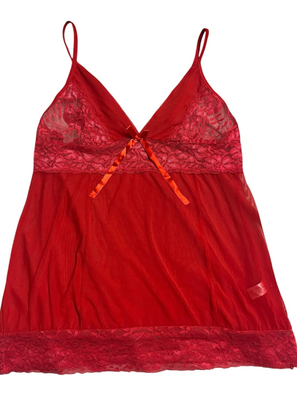 Y2K Red Lace trim sheer cami slip top with bow